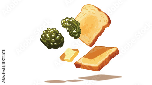 Stylized illustration of floating breakfast elements. Two golden toasted bread slices, creamy butter, and fresh green spreads dynamically presented,