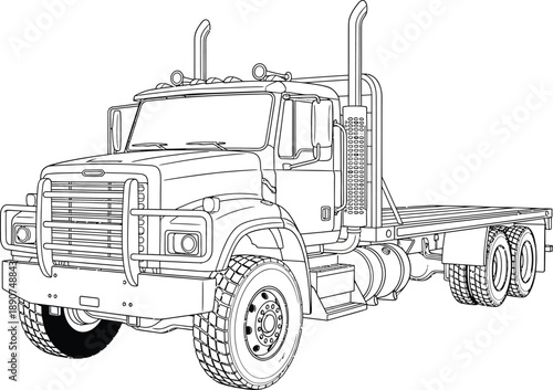 Detailed line art illustration of a heavyduty flatbed truck with a large grille guard and dual exhaust stacks.