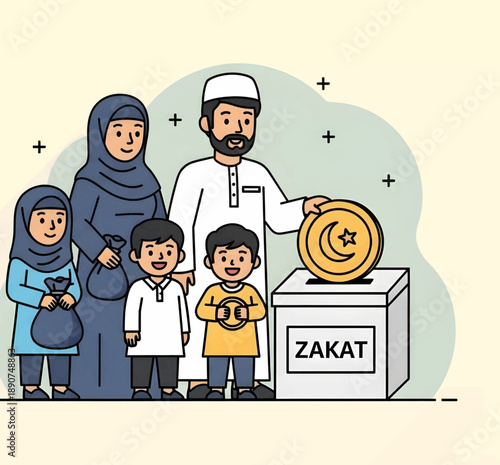 Family Giving Zakat Donation Charity Box.