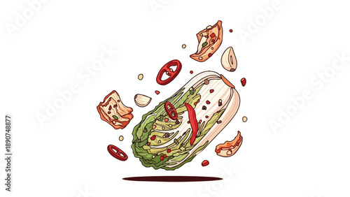 Animated depiction of kimchi preparation essentials, with floating napa cabbage and spice