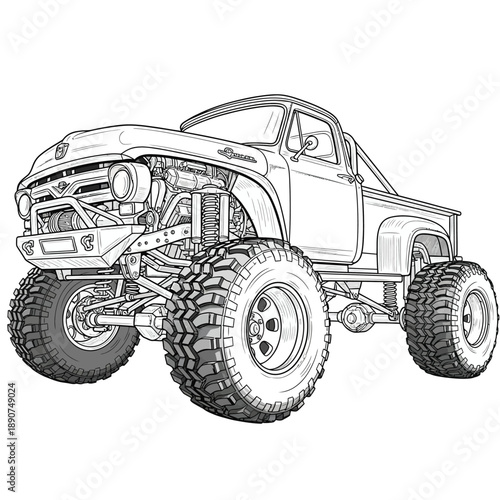 Detailed line art of a classic lifted monster pickup truck with massive offroad tires and exposed suspension.