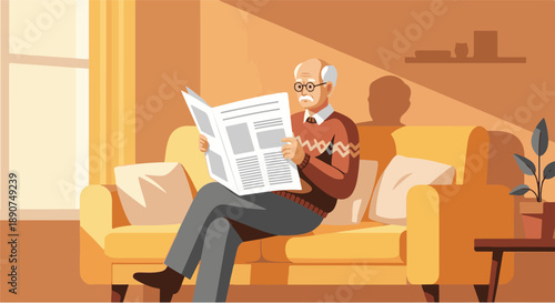 An elderly gentleman relaxing on a sofa and reading a newspaper, enjoying a quiet moment of leisure at home