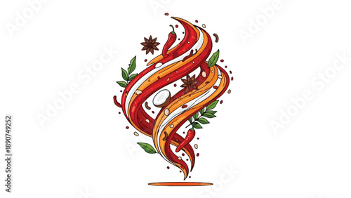 Vibrant abstract culinary swirl illustration with red chilies, aromatic star anise, green leaves, coconut fragments. Signifies a rich, dynamic,
