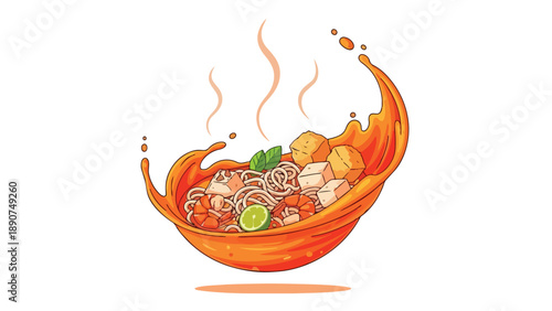 Dynamic steaming Asian noodle soup artwork with fresh prawns tofu and a zesty lime wedge immersed in an energetic flavorful broth splash hot savory