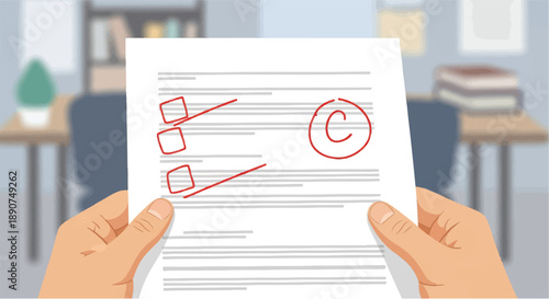 Close-up of a person holding a graded paper with a C mark, symbolizing academic performance and results