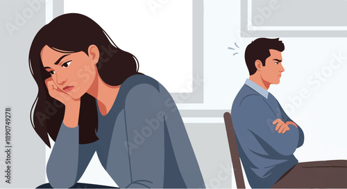 Upset young woman feeling sad after an argument with her partner, who is angry and turned away, illustrating relationship problems and emotional distress