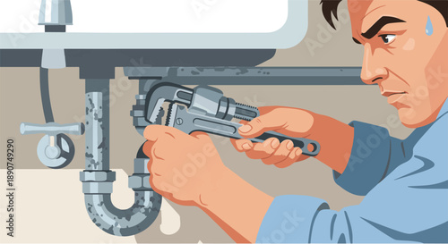 A man with a wrench fixing a leaky sink pipe, showing a plumbing repair in progress
