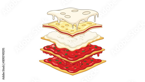 Artistic depiction of a culinary layered masterpiece featuring creamy cheese and vibrant red sauce