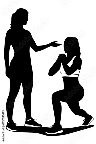 A silhouette of a fitness trainer guiding an athlete during lunges. Captures a focused workout session, perfect for health, coaching, and gym-themed branding.
