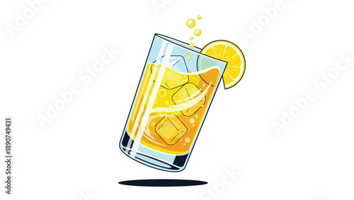 A vibrant and refreshing citrus beverage in a tall glass filled with ice cubes and a bright lemon slice, an ideal illustration for summer's cool,