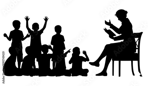 Heartwarming silhouette of a teacher reading a book to a group of engaged children. Perfect for educational, literacy, or childhood development themes.