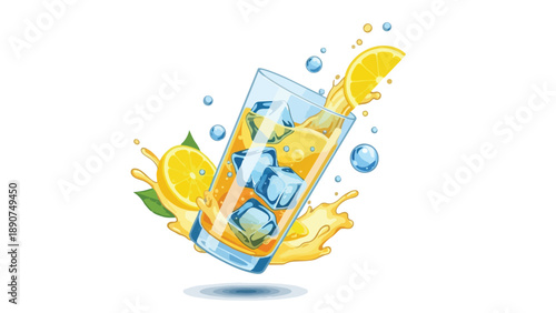 A vibrant illustration of cool, crisp citrus refreshment dynamically splashing around a clear glass filled with chilling ice cubes and fresh lemon