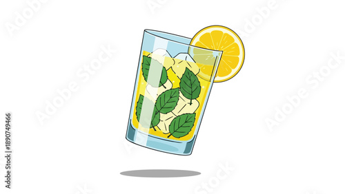 A vibrant illustrative depiction of a cool refreshing citrus beverage garnished with fresh mint and a bright lemon slice for invigorating summer