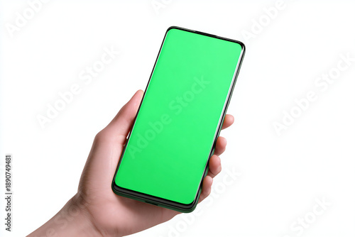 Hand holding smartphone mockup on green matte backdrop, studio lighting, 8K product photography