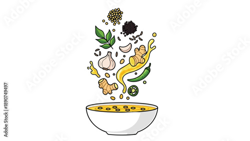 Dynamic illustration of fresh cooking ingredients gracefully falling into a steaming bowl of healthful flavorful culinary creation ready for a