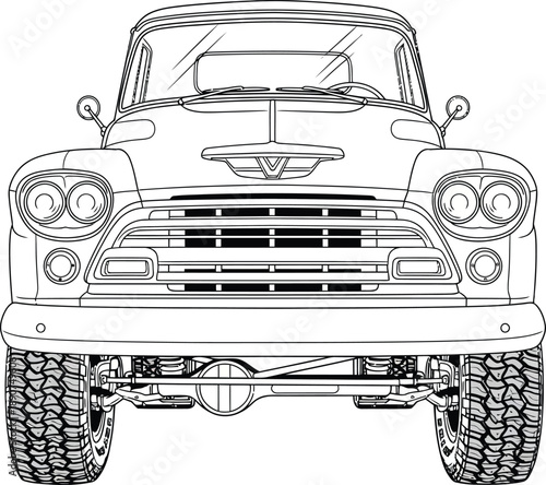 Detailed line art of a vintage pickup truck front view with quad headlights and offroad tires.