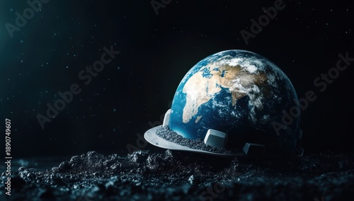 Hard Hat with Earth Globe on Dark Background.