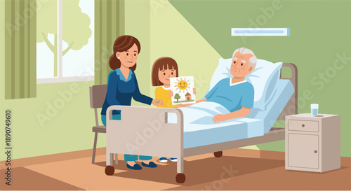 A caring mother and daughter visit an elderly man in the hospital, bringing him a cheerful drawing to brighten his day