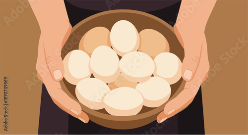 A person's hands holding a bowl filled with a dozen fresh, organic eggs, showcasing healthy food and natural ingredients
