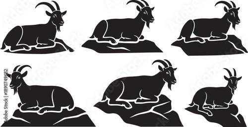 Black and white goats lying on rocks illustration set