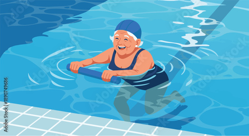 Elderly Woman Exercising with Pool Noodle in Swimming Pool - Healthy Lifestyle Illustration