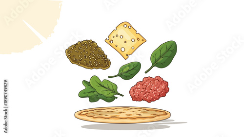 A vibrant illustration showcasing fresh pizza ingredients gracefully descending onto a crispy crust preparing for a delicious culinary creation