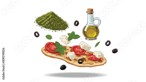 Culinary artistry unfolds with vibrant fresh ingredients for a delightful Mediterranean flatbread creation a celebration of simple pure flavors.