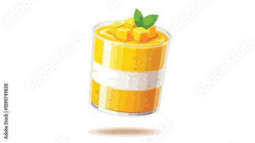 Exquisite layered mango dessert in a clear glass, showcasing vibrant fruit puree and a smooth white cream, adorned with diced mango and fresh mint,