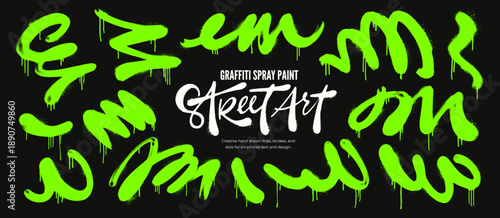 Graffiti acid green squiggle lines set. Brush drawn spray paint bold strokes with loops. Neon green curly and squiggly thick spray paint lines. Aerosol effect for street art and urban poster design.