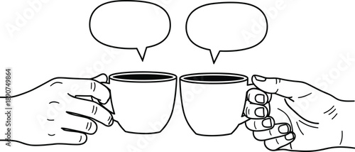 Handdrawn illustration of two hands toasting with coffee mugs and blank speech bubbles.