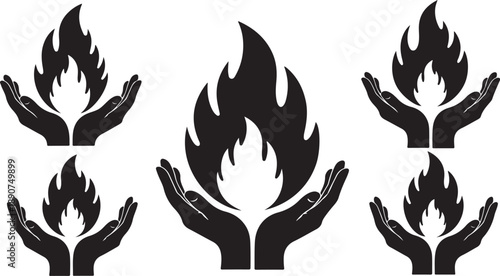 Hands holding flames in black silhouette style illustration set