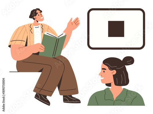 Education, teamwork, learning, conversation, collaboration, discussion. A person holding a book talks animatedly with another. Education and teamwork concept