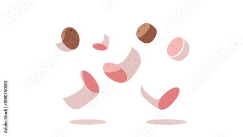 Dynamic abstract culinary shapes playfully suspended, casting subtle shadows on a pristine white backdrop.