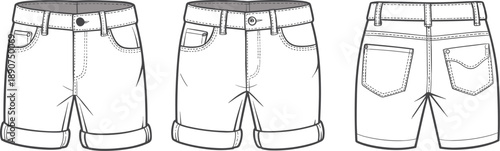 Denim shorts technical illustration, front and back views, detailed stitching, pockets, rolled hems, fashion design blueprint