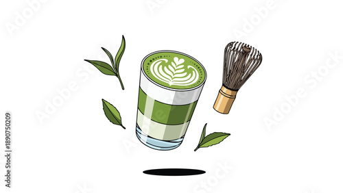 An exquisite graphic depiction of a ceremonial grade matcha latte featuring intricate foam art accompanied by delicate tea leaves and a traditional
