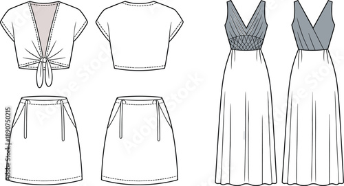 Fashion design sketches, technical garment illustrations, front and back views, trendy women's clothing, stylish outfit concepts, apparel templates