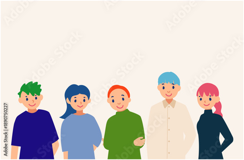 グローバルなチームメンバーが並ぶイラスト