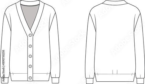 Flat fashion sketch of classic button-down cardigan sweater, front and back view, technical illustration for apparel design
