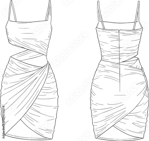 Ruched bodycon dress, fashion illustration, asymmetrical cutout, thin straps, textured silhouette, technical sketch, garment design reference