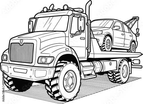Heavyduty flatbed tow truck with large rugged tires carrying a sedan depicted in a black and white line art illustration.