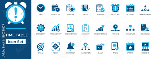 Time management and productivity vector icon set. Blue flat style symbols for schedule, planning, business organization, deadline, and workflow efficiency.