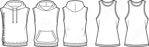 Sleeveless hoodie and tank top fashion illustration, front and back views, garment design template, apparel vector outline set