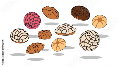 Vibrant illustration of Mexican sweet breads, conchas and pan dulce, scattered with soft shadows on a white background, celebrating culinary tradition
