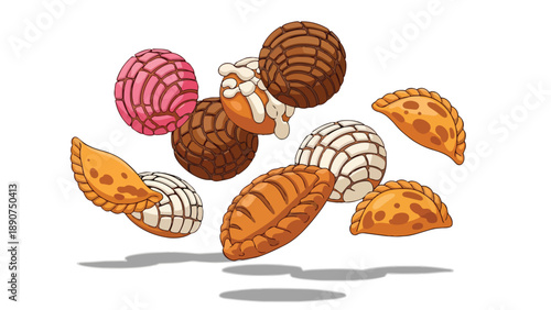 Vibrant assortment of traditional Mexican sweet pastries and savory empanadas in a playful cartoon style