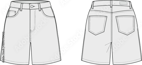 Technical flat sketch of denim shorts, front and back view, fashion design, garment construction, apparel production blueprint