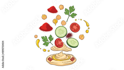 A vibrant illustration showcasing fresh ingredients artfully combining to create a delicious and healthy hummus dish, perfect for culinary