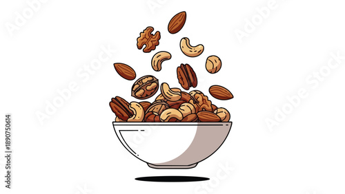 A delightful cascade of mixed nuts gently descending into a simple white bowl, showcasing a vibrant collection of natural, healthy, and crunchy