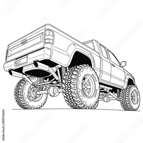 Line art illustration of a custom lifted pickup truck with large offroad tires and visible suspension viewed from a low angle.