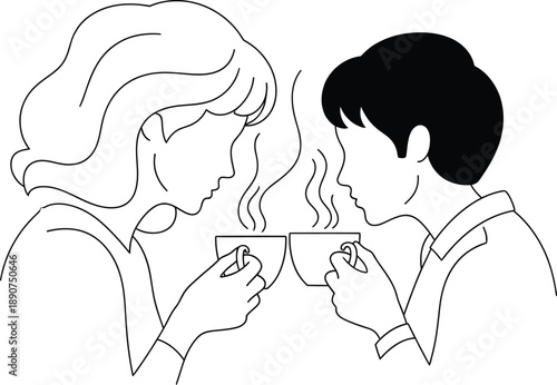 Minimalist line art of a couple in profile holding steaming cups of coffee or tea together.