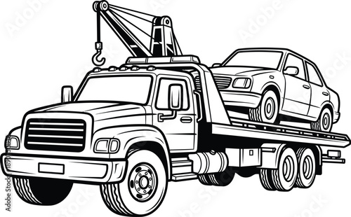 Monochrome line art illustration of a flatbed tow truck with a crane hauling a sedan car.